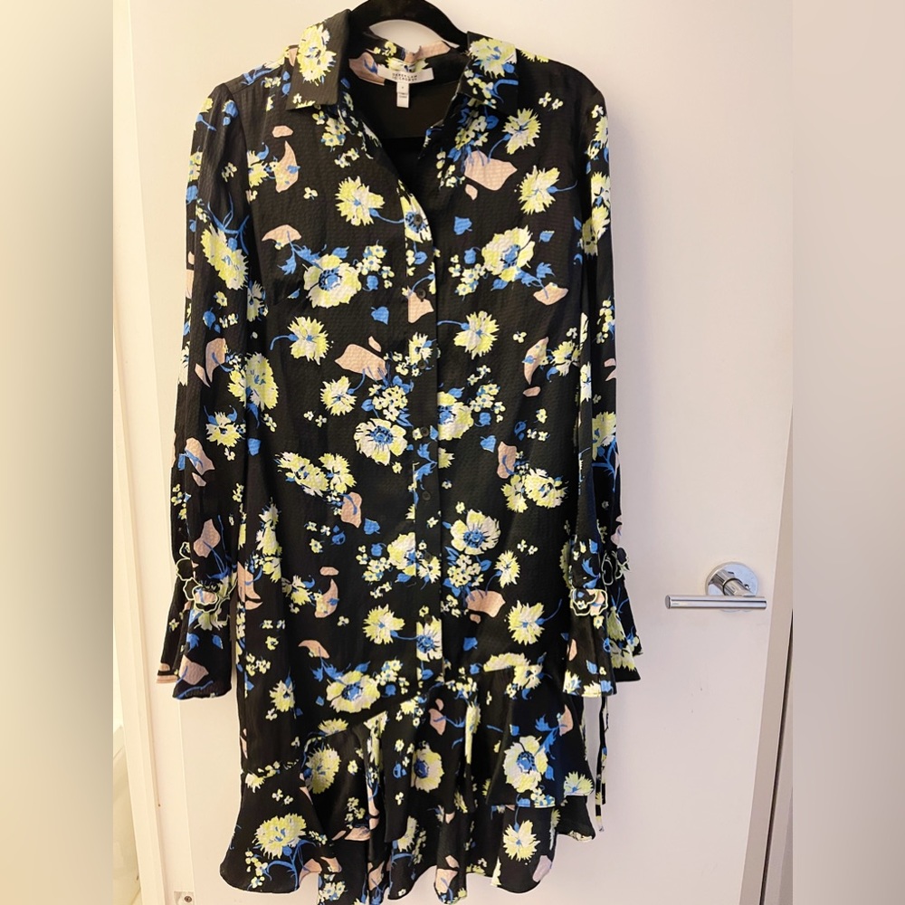 Derek Lam 10 Crosby Floral Black/White/Green Ruffled Midi Dress Size 8